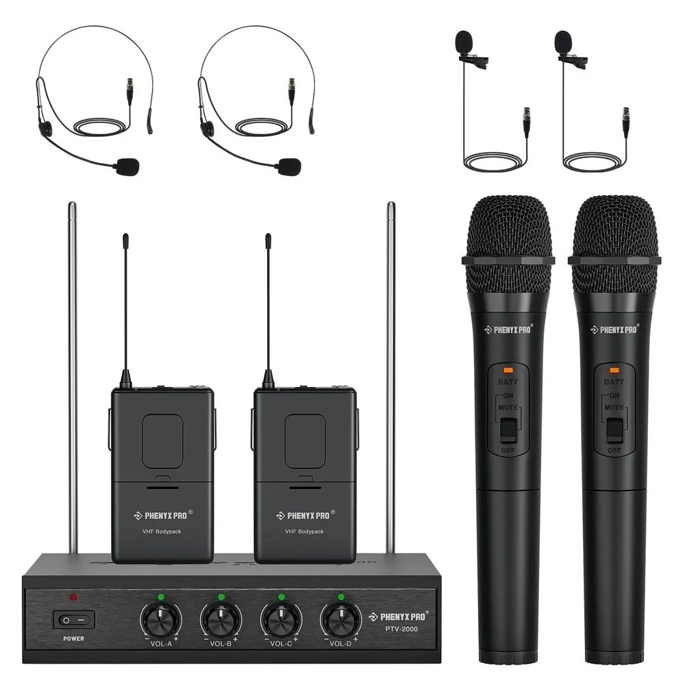 Phenyx Pro PTV-2000 4-Channel VHF Wireless Microphone System 2 Handhelds 2 Bodyp